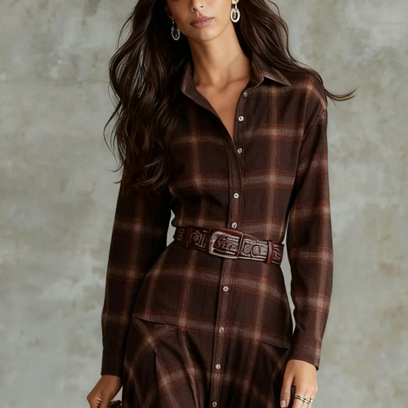 New Retro Chic Long-Sleeve Plaid Shirt Dress For Women