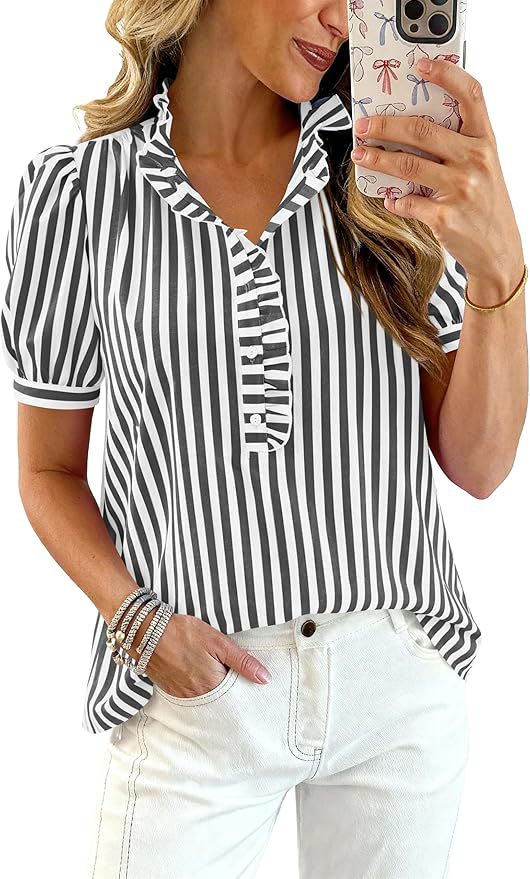 Puff-sleeve Striped Plaid Ruffled V-neck Button-up Top