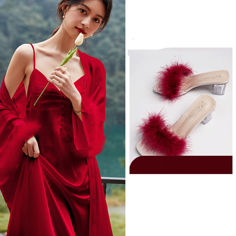 Bride's Ice Silk Cuff Feather Decoration Wedding Morning Robe