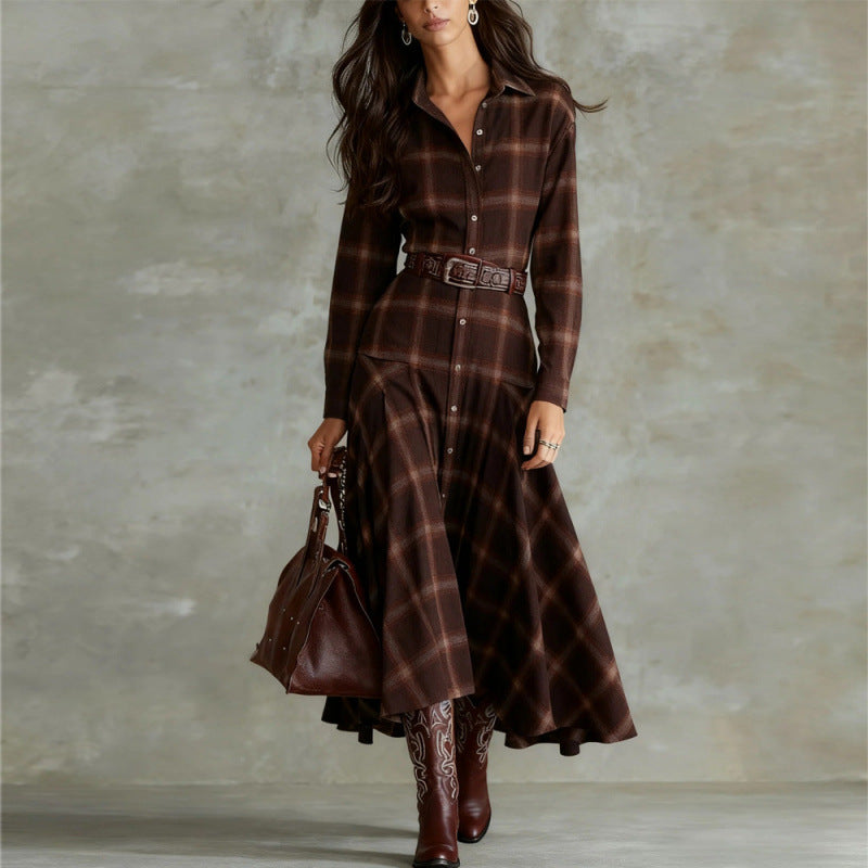 New Retro Chic Long-Sleeve Plaid Shirt Dress For Women
