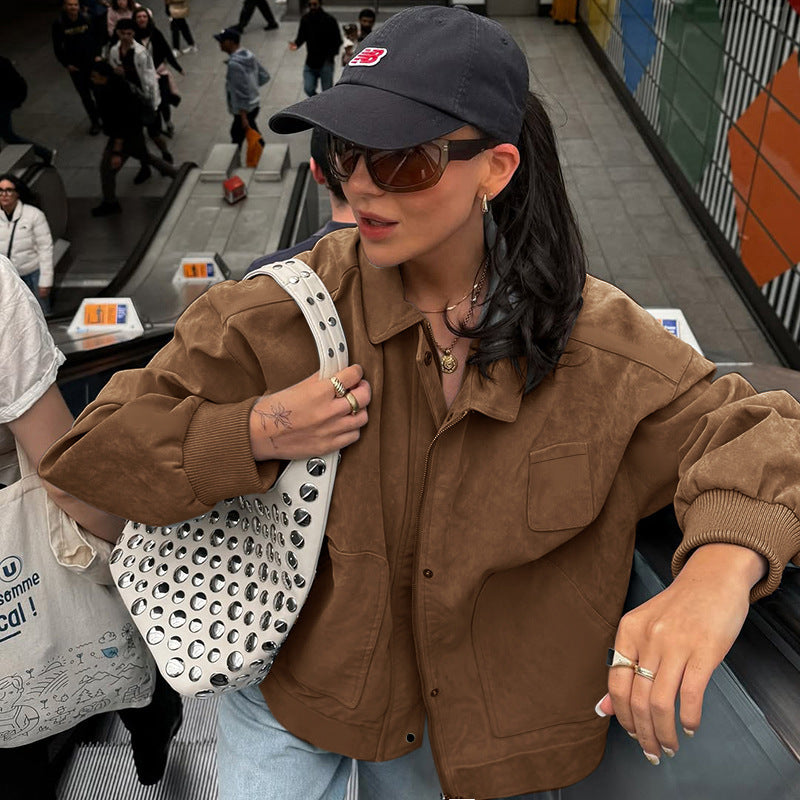 Casual Solid Color Loose Long Sleeves Autumn And Winter Polo Collar Jacket