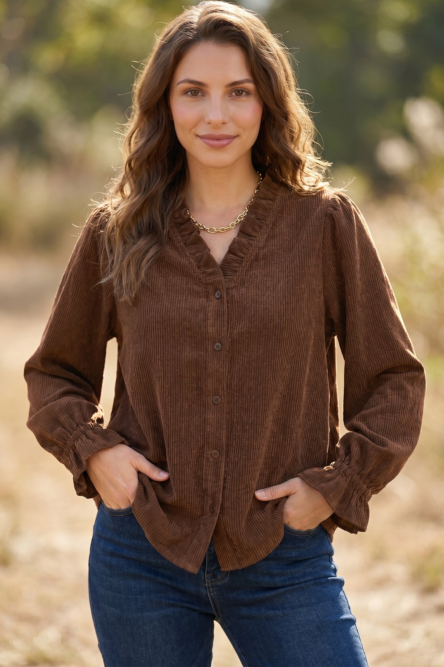 Coffee Solid Color Ruffle Trim V Neck Long Sleeve Button Corduroy Shakcet