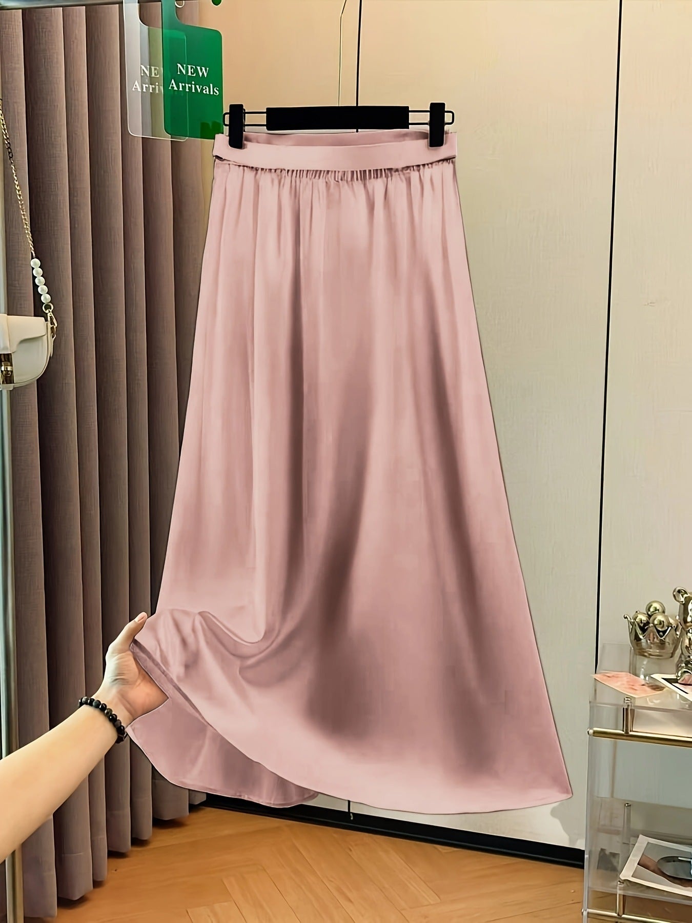Elegant Solid Color A Line Skirt Smooth Satin Finish Flared