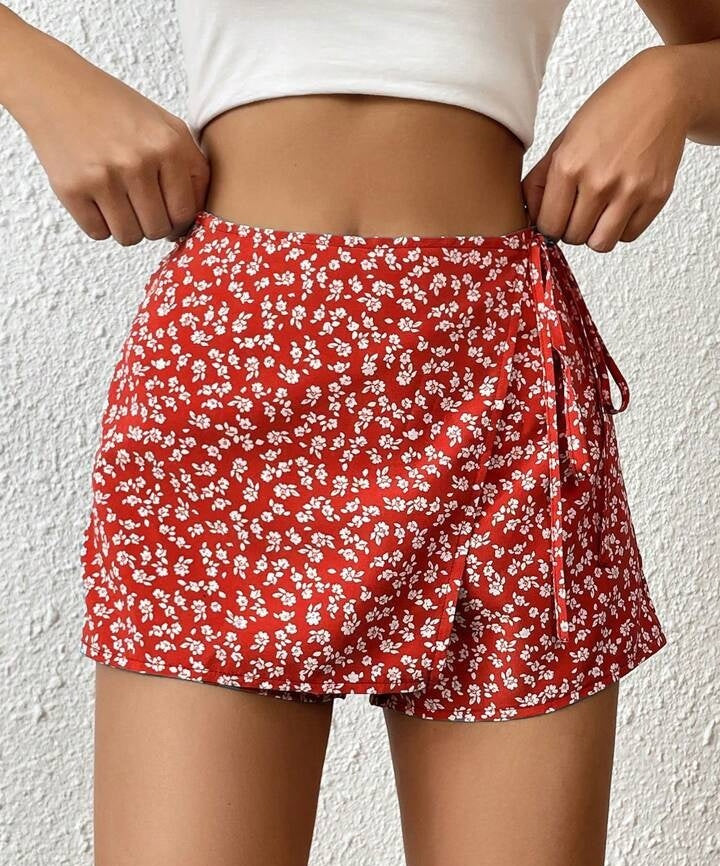 Floral Lace-Up High-Waist Casual All-Match Shorts Casual Fashion Womens Wear