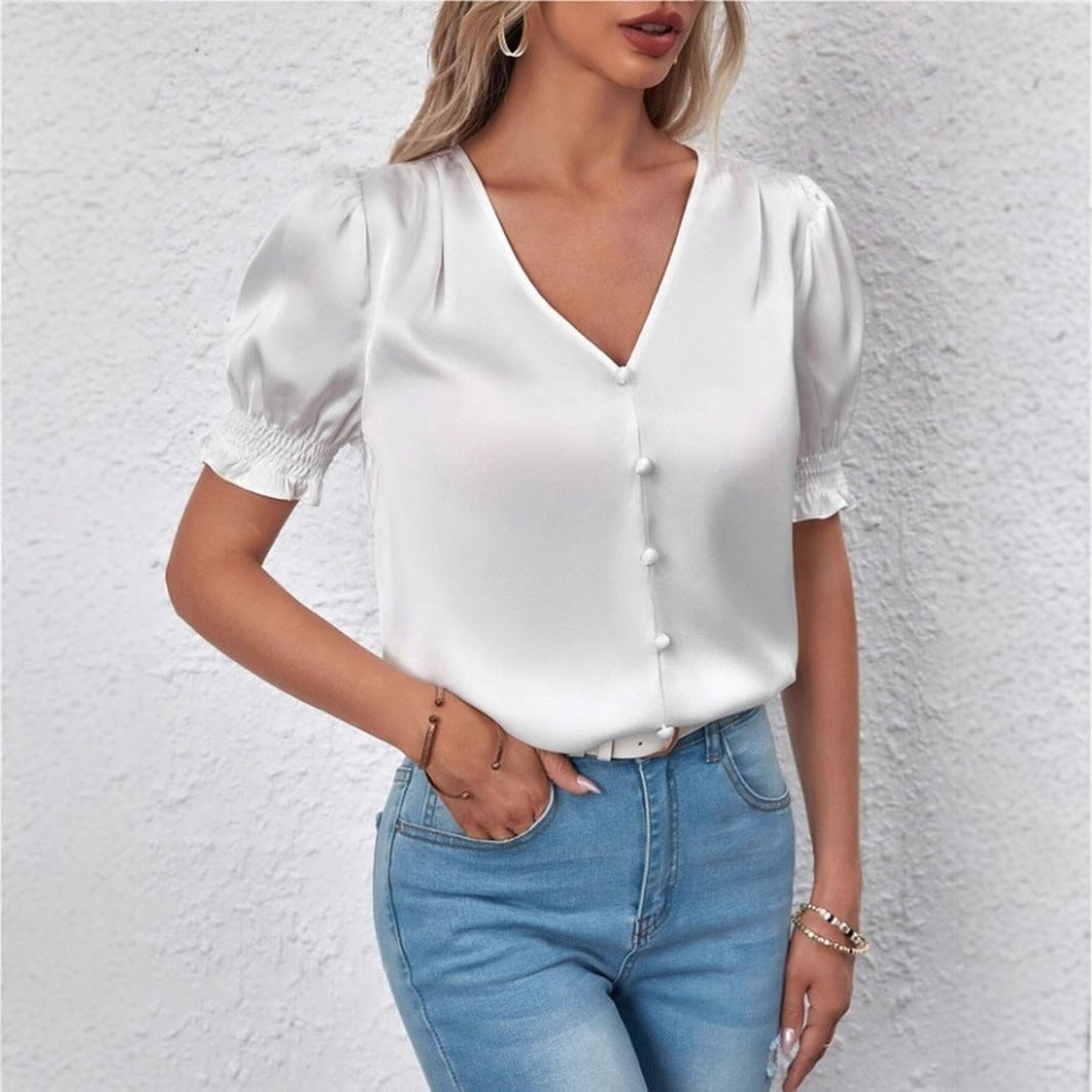 New Satin V-neck Buttons Casual Short-sleeved Ruffled Blouse