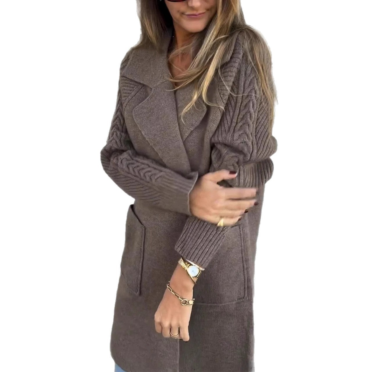 Women's Twist Knit Stitching Lapel Large Coat