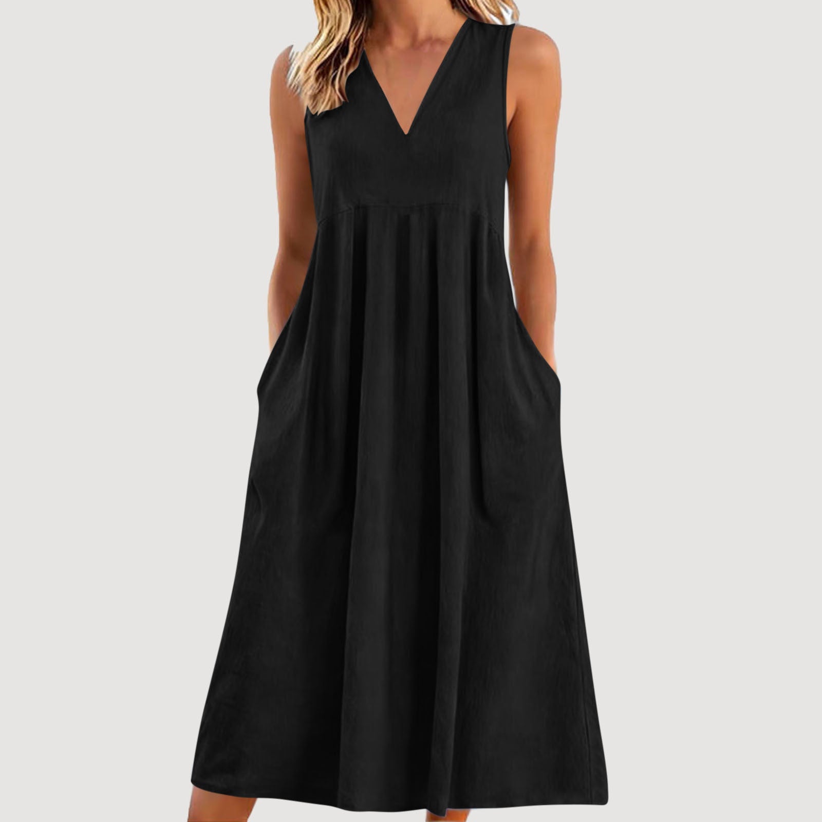 Loose-fitting Cotton-linen Dress With A V-neck And No Sleeves