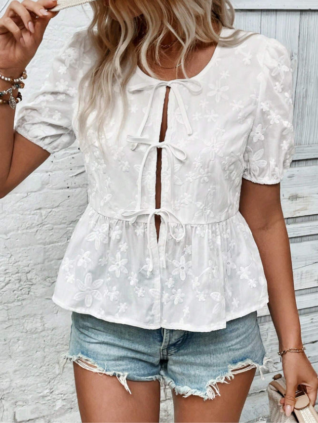 Solid Color Sweet Lace Puff Short Sleeve Shirt