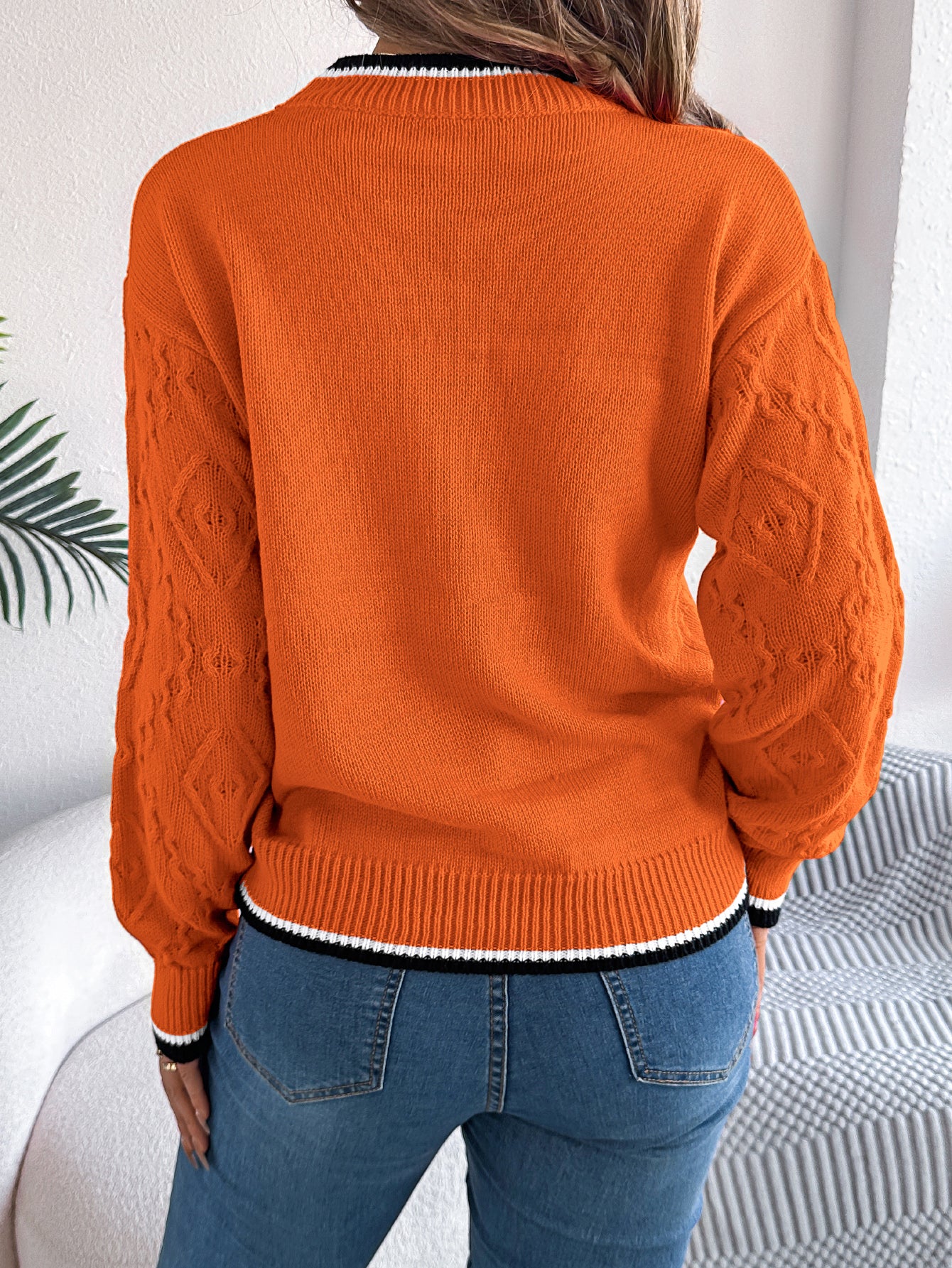 Women Casual Color Block Cable Knit Long Sleeve Pullover Sweater