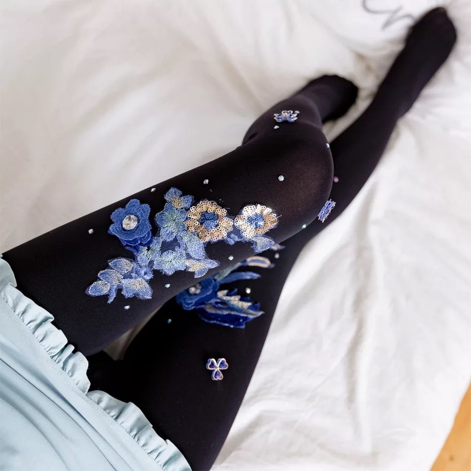 Embroidered Flower Style Cherry Blue Banshee Pattern Stockings