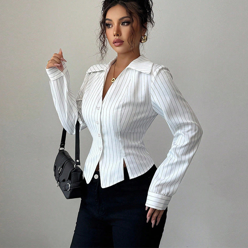 Autumn New Temperament Stripe Long Sleeve Shirt Women's Clothing