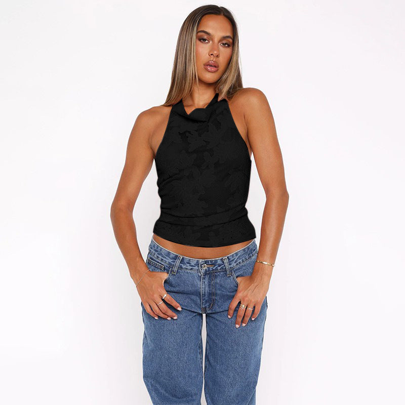 European And American-style Lace Halter Top With Fringed Floral Trim