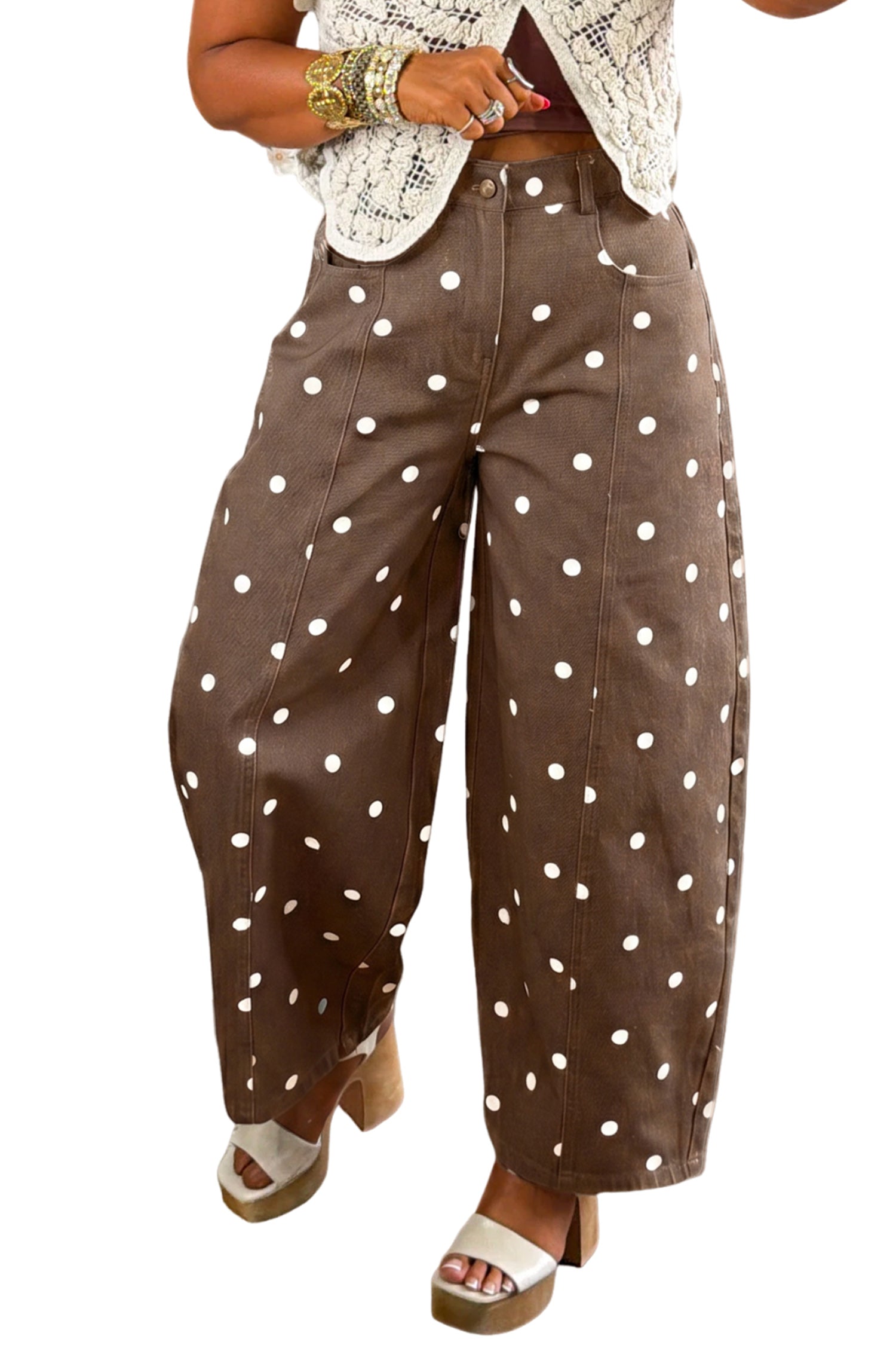 Blue Tailored Seam Polka Dot Print Barrel Casual Jeans