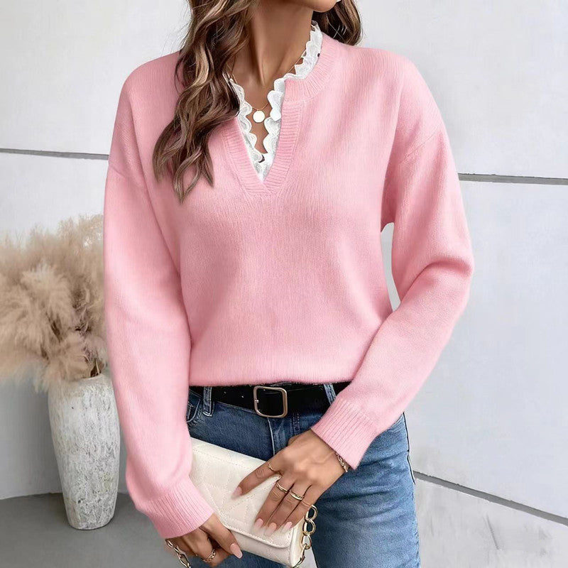 Fashionable Lace V-neck Sweater Solid Color Loose Long Sleeves Knitwear