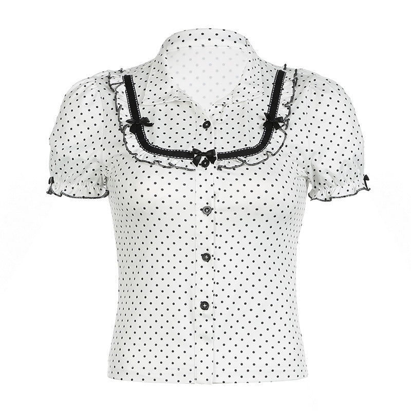French Girl Bow Stitching Polka Dot Shirt