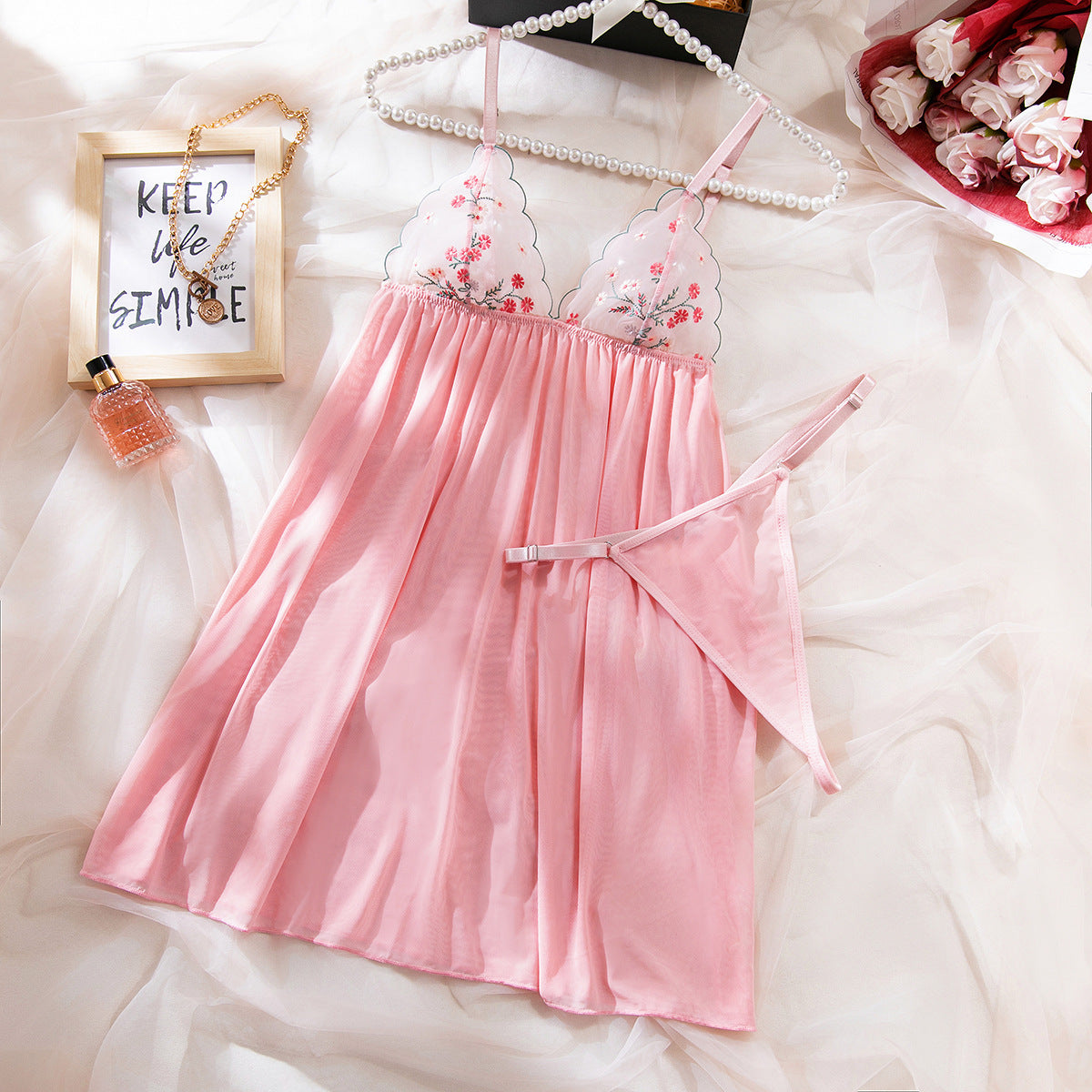 Sexy Sling Pajamas Exquisite Embroidered Mesh Transparent Lingerie
