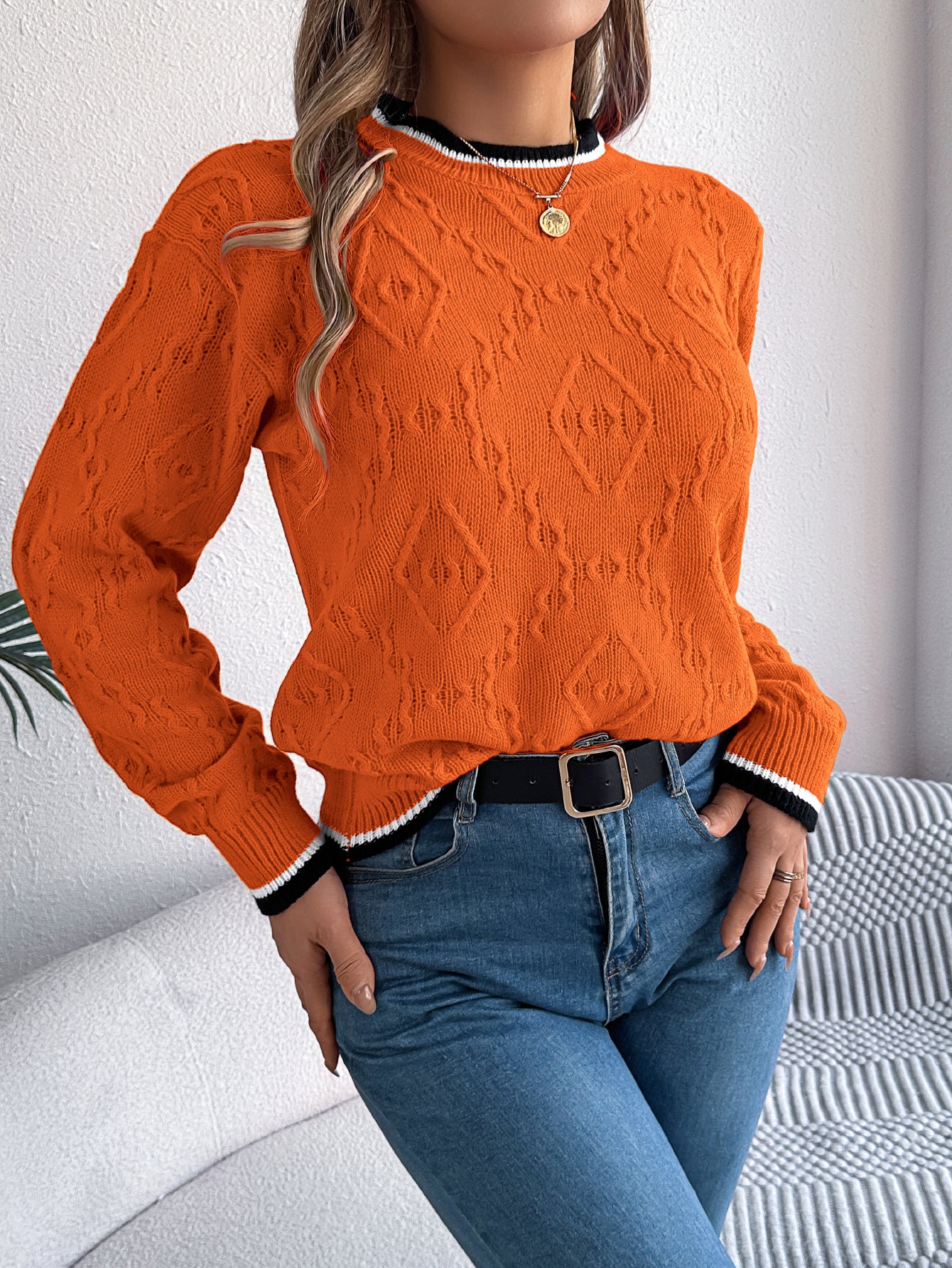 Women Casual Color Block Cable Knit Long Sleeve Pullover Sweater