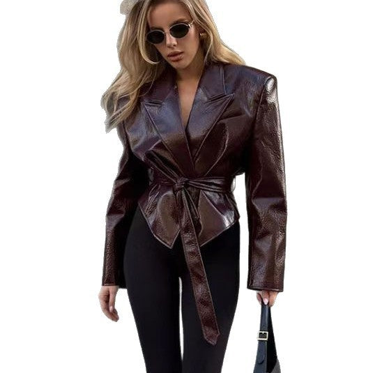 Lychee Pattern Leather Coat Slim Fit Fitted Waist Turn-down Collar Tie-front Top