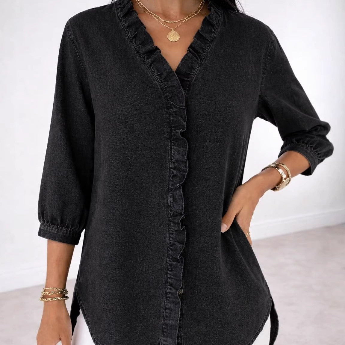 Women's Fashionable Casual Faux Denim V-Neck Shirt