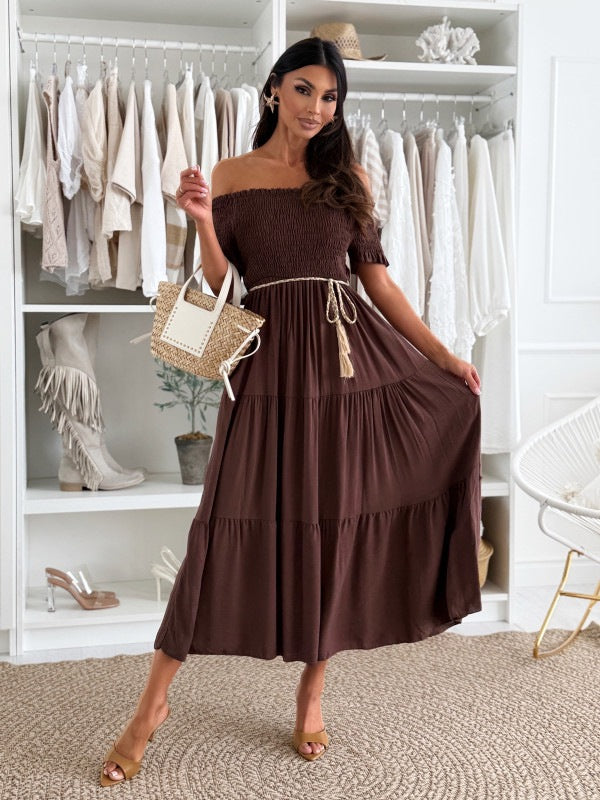 New Solid-color Short-sleeve Waist-cinching Tie-front Patchwork Dress