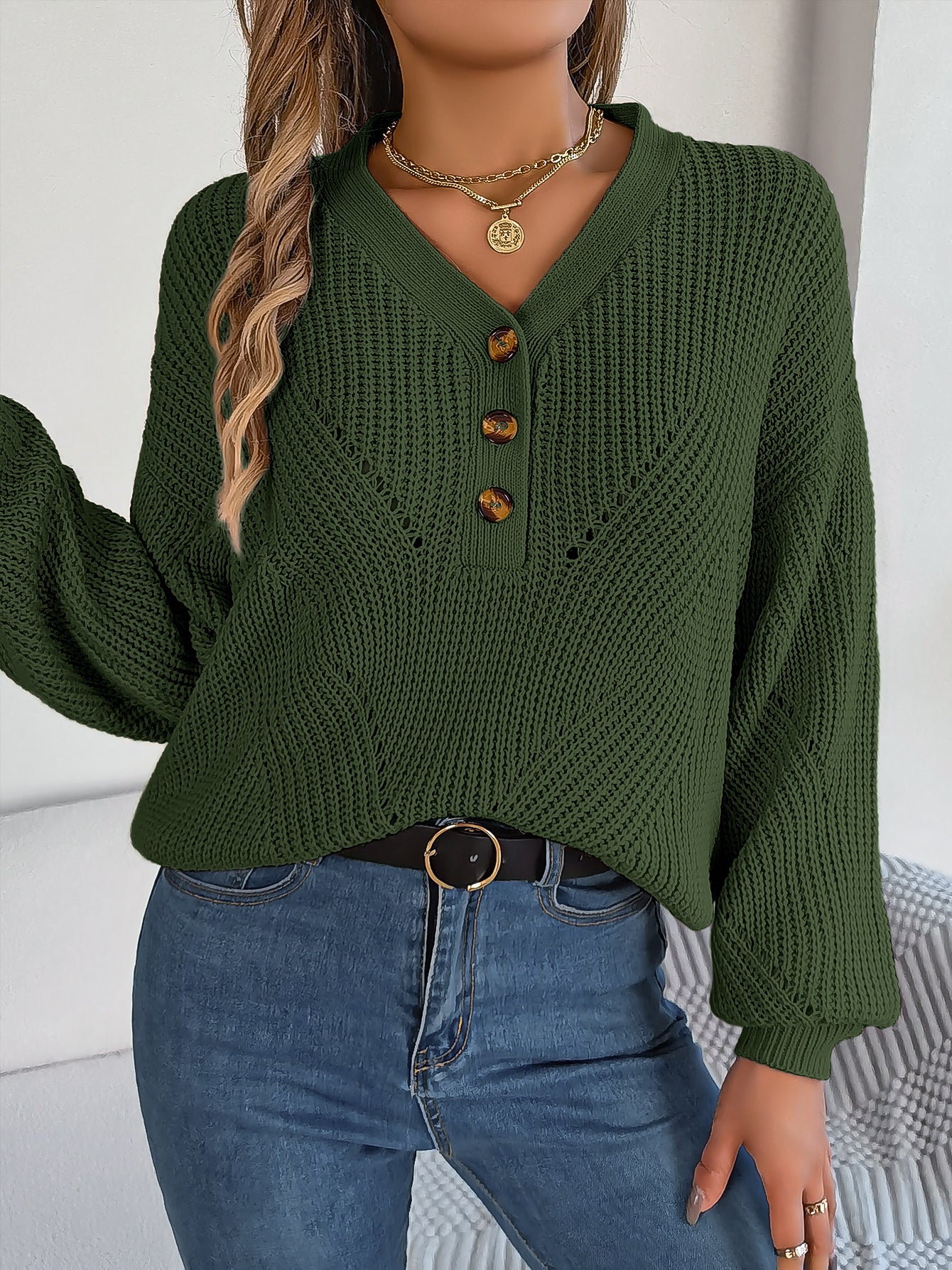 Women Hollow Out V-Neck Button Lantern Sleeve Pullover Sweater