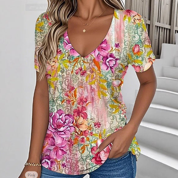 European American Summer New V-neck Floral Casual Short-sleeved Top