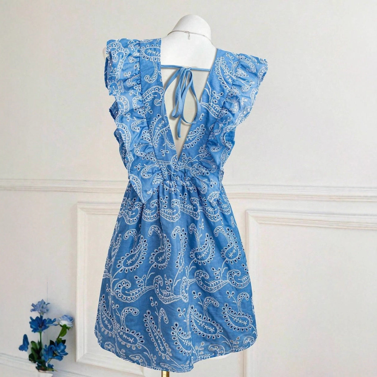Casual Blue V-Neck Embroidered Lace Dress For Vacation And Leisure