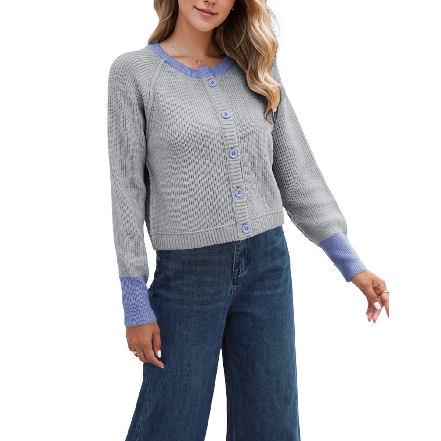 Fashion Round Neck Single Row Button Contrast Color Coat For Women