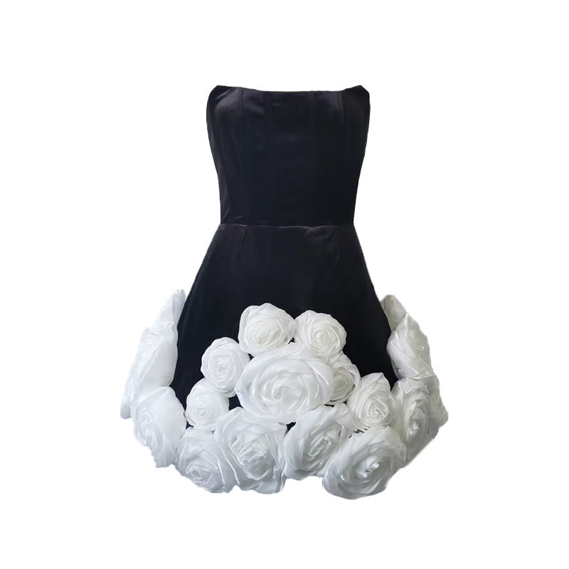 Womens Strapless High-Waisted Dress With 3D Floral Hem