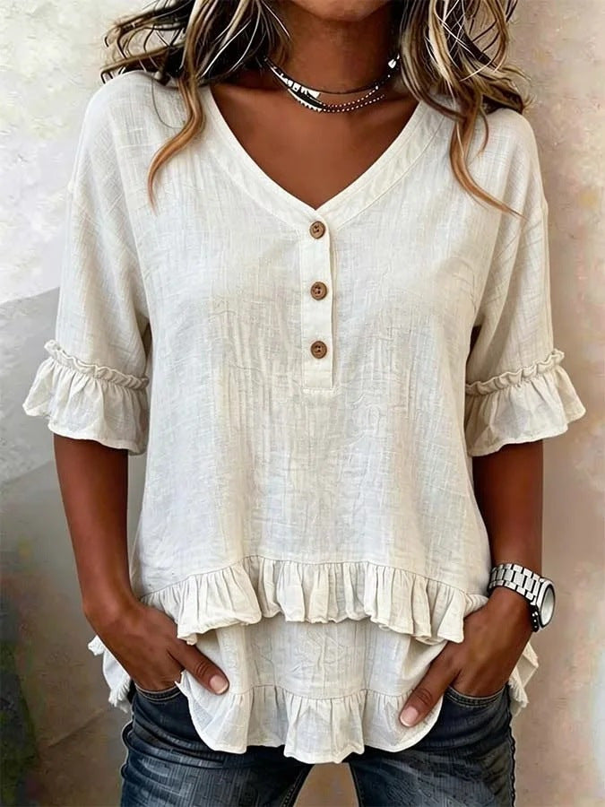 Womens Retro V-Neck Ruffled Loose Short-Sleeve Shirt