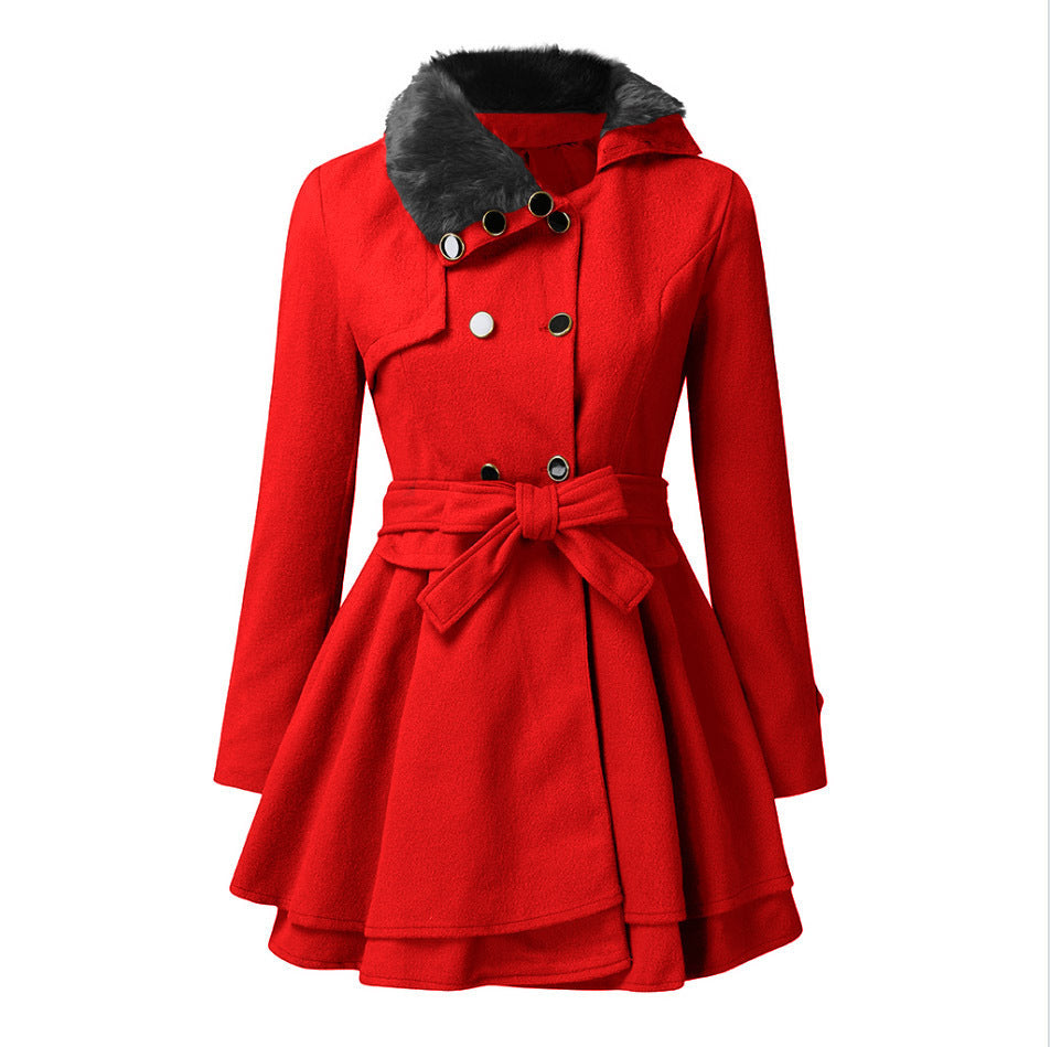 Women's Fur Collar Coat Double-breasted Trench Coat With Large Skirt