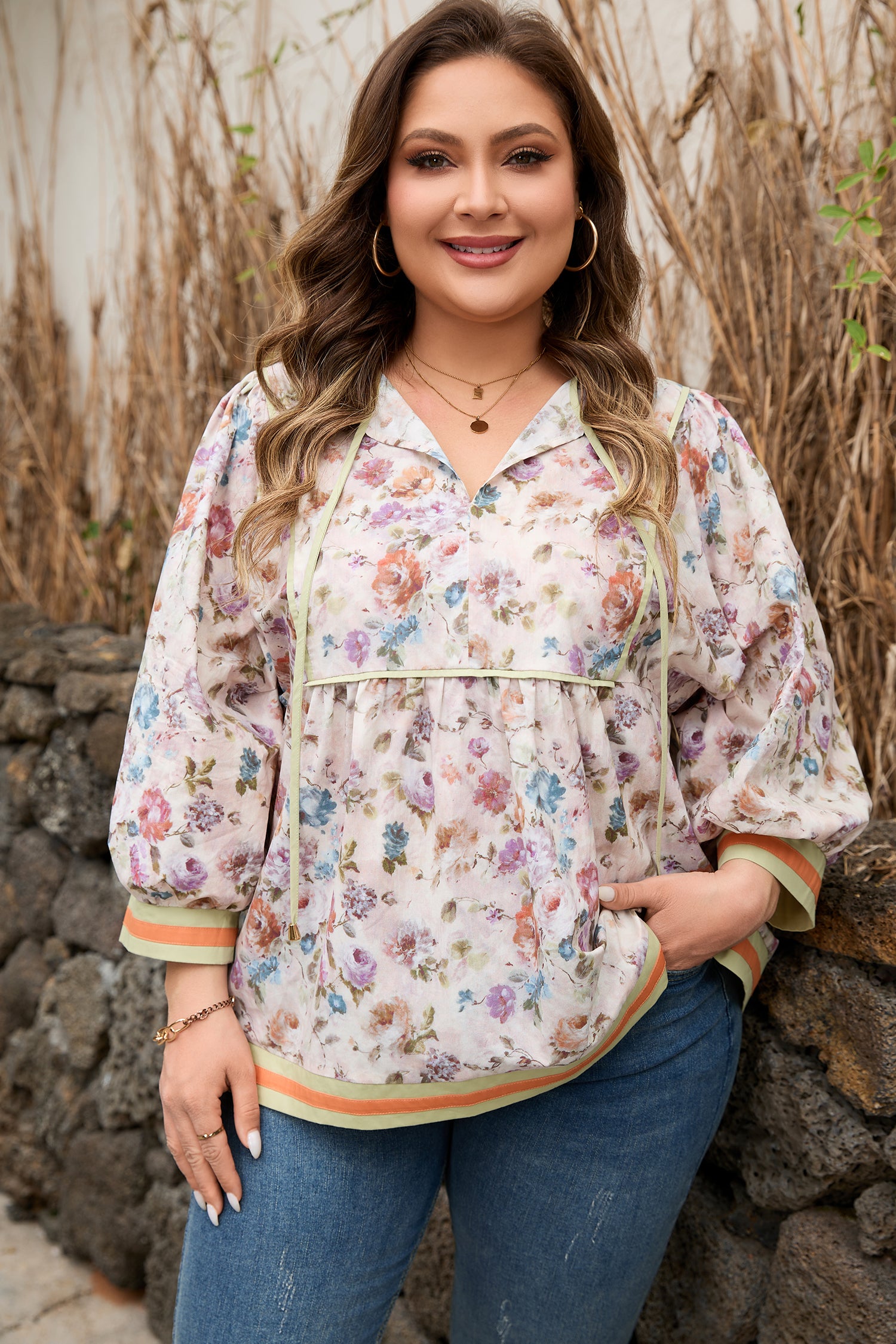 Black Plus Size Floral Print Contrast Trim Striped Detail Babydoll Blouse