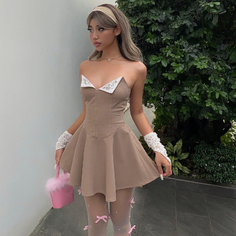 Lace Panel Ruffle Edge Slim Fit Bra Dress