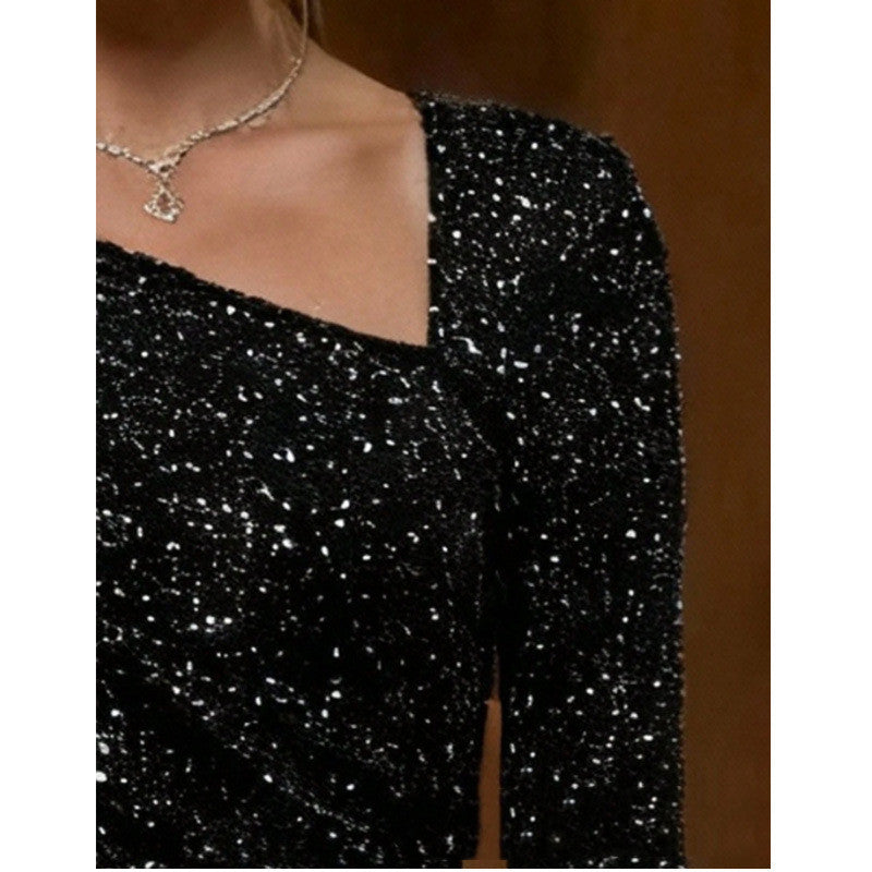 Black Sequined Square-neck Long-sleeve Slim-fit Hip-hugging Mini Dress