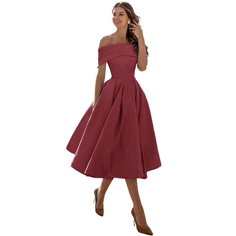 Women's Fashion Casual Strapless Satin Party Dress Off The Shoulder Tea Length Satin Prom Dresses With Pockts Formal Evening Party Dress