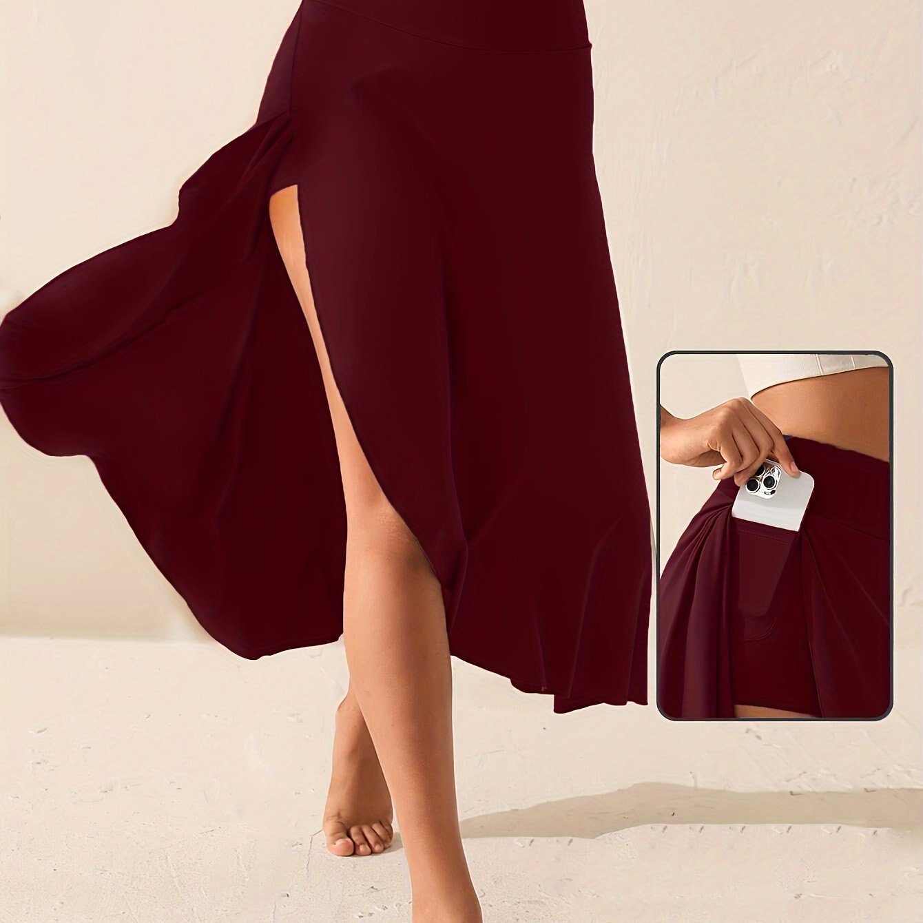 Womens Solid-Color High-Waisted Side-Slit Skirt