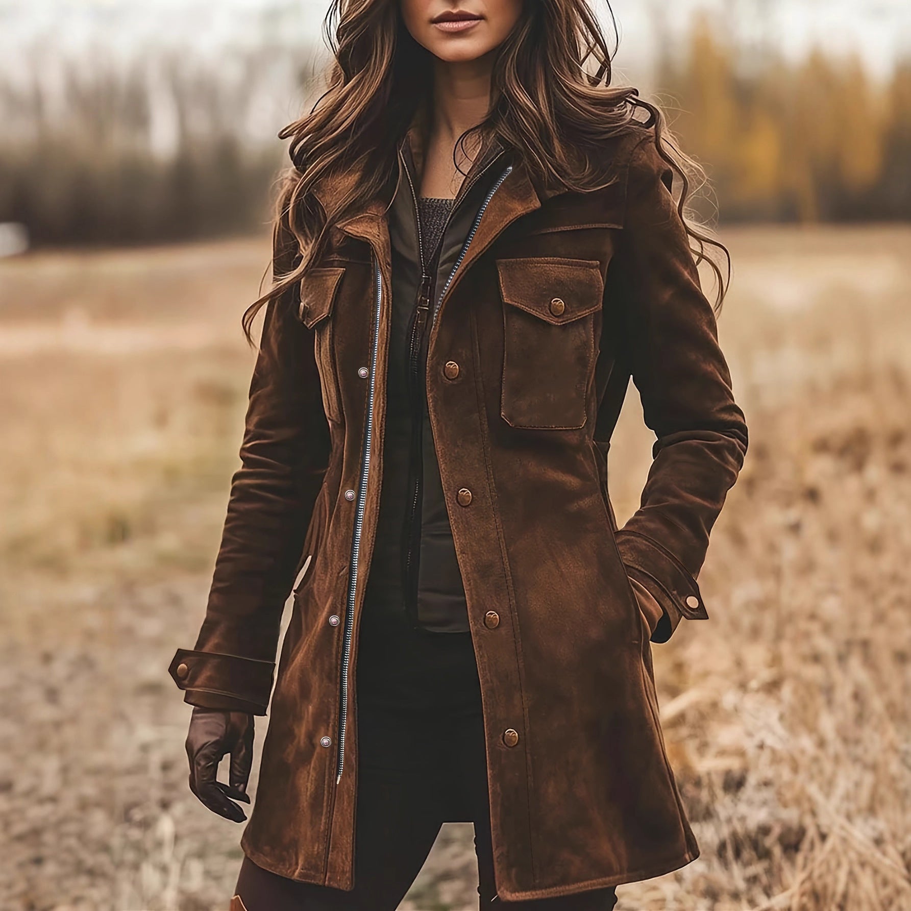 Women's Retro Lapels Brown Suede Casual Jacket