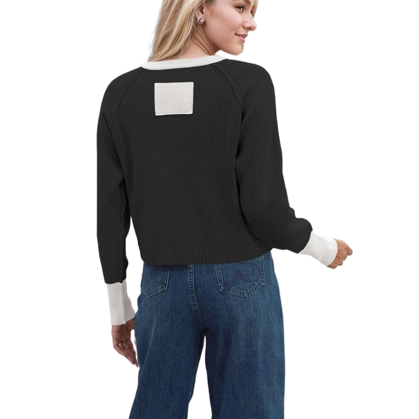 Fashion Round Neck Single Row Button Contrast Color Coat For Women