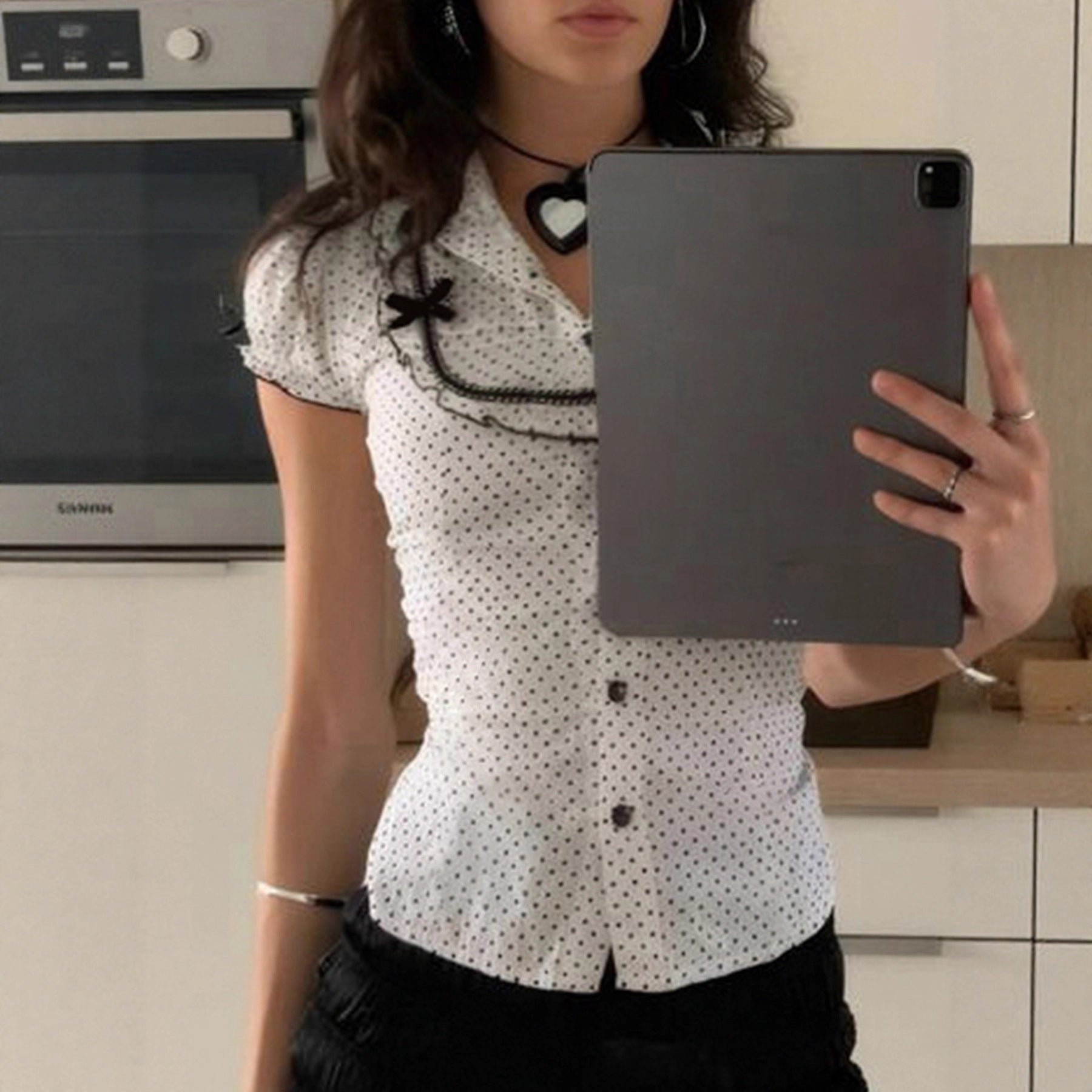 French Girl Bow Stitching Polka Dot Shirt