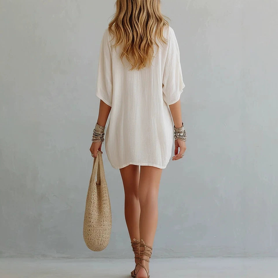 Women's Smock V-neck Loose-fit Three-quarter Sleeve T-shirt