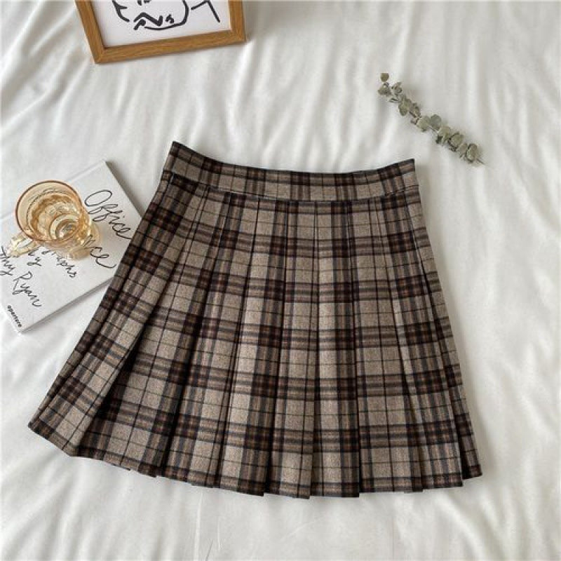 Autumn Winter Retro Coffee Color Plaid High Waist Half-length Summer Dress For Women