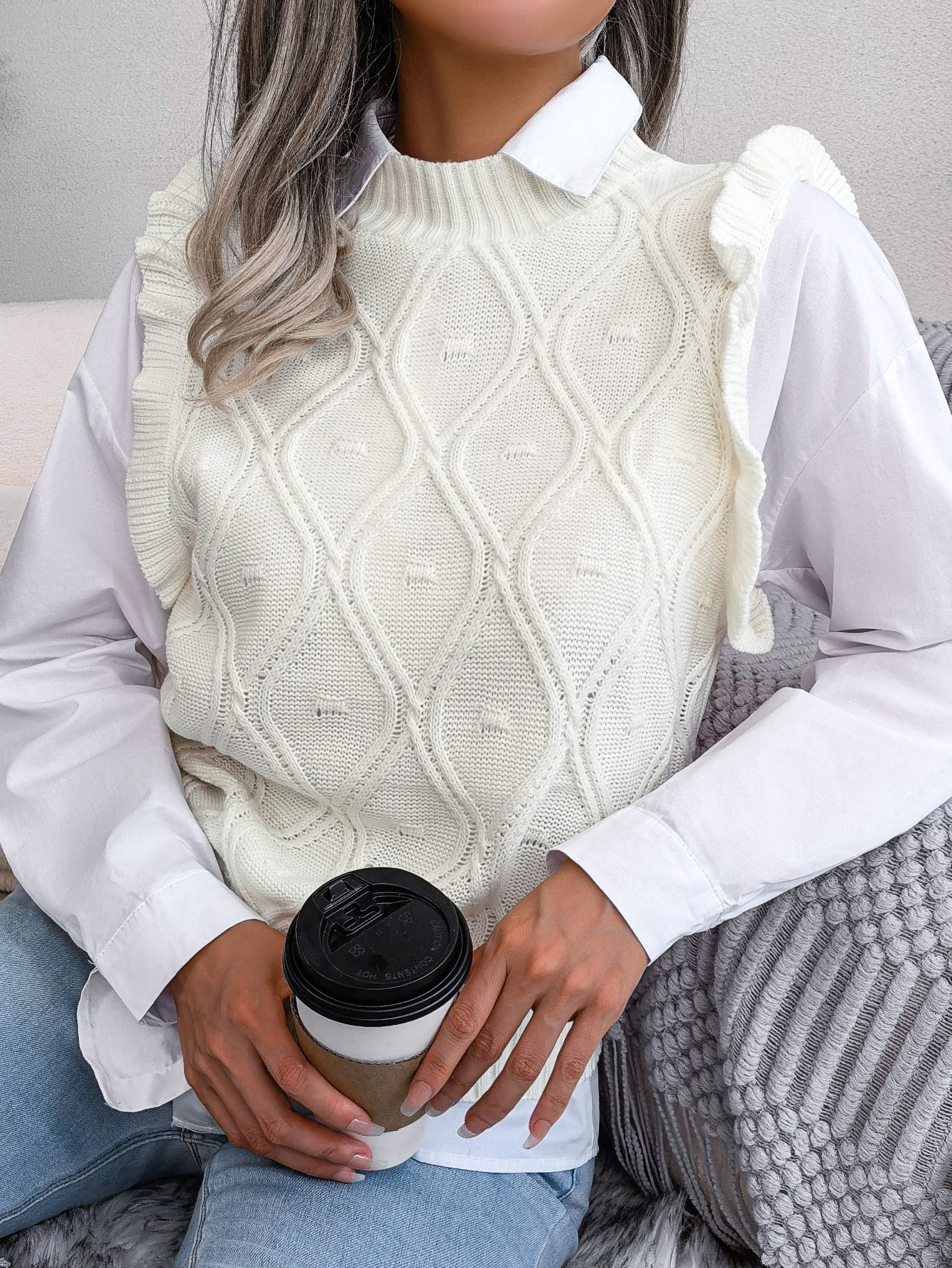 Women Ruffled Diamond Knit Sweater Vest