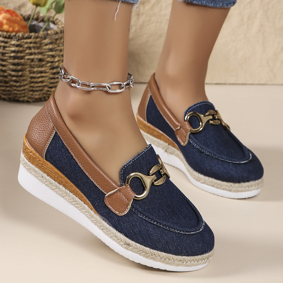 Loafers Casual Pumps Women's Outer Wear Horsebit Buckle Wedge Platform Loafers Slip-on Lazy Shoes