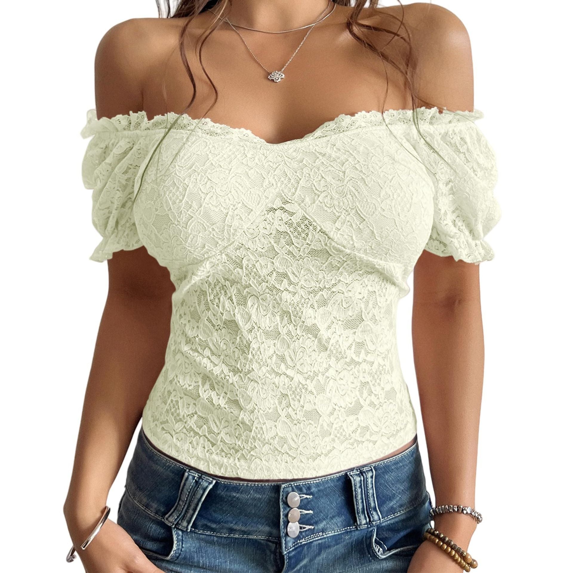 Lace Top Sexy Cutout Bare Midriff Slim Fit Off-shoulder