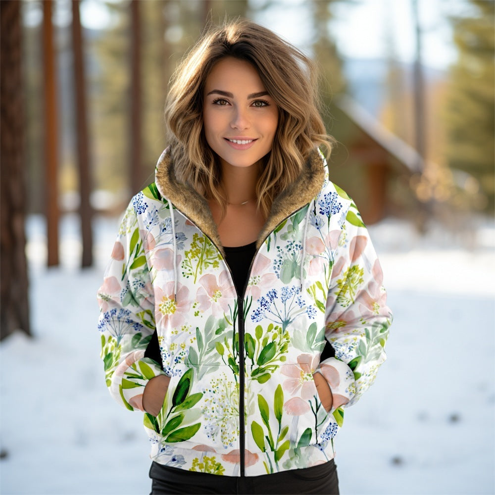 Digital Printing Autumn And Winter Women's Hooded Zipped Cotton-padded Jacket Coat