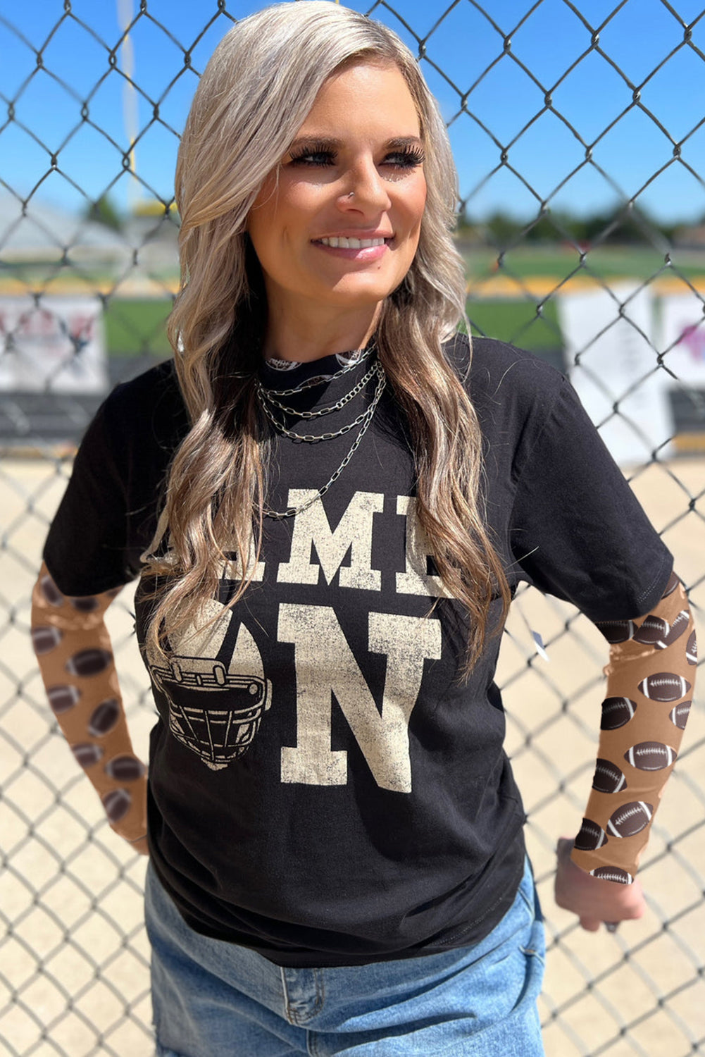 Black Baseball Game Day Sheer Mesh Long Sleeve Top