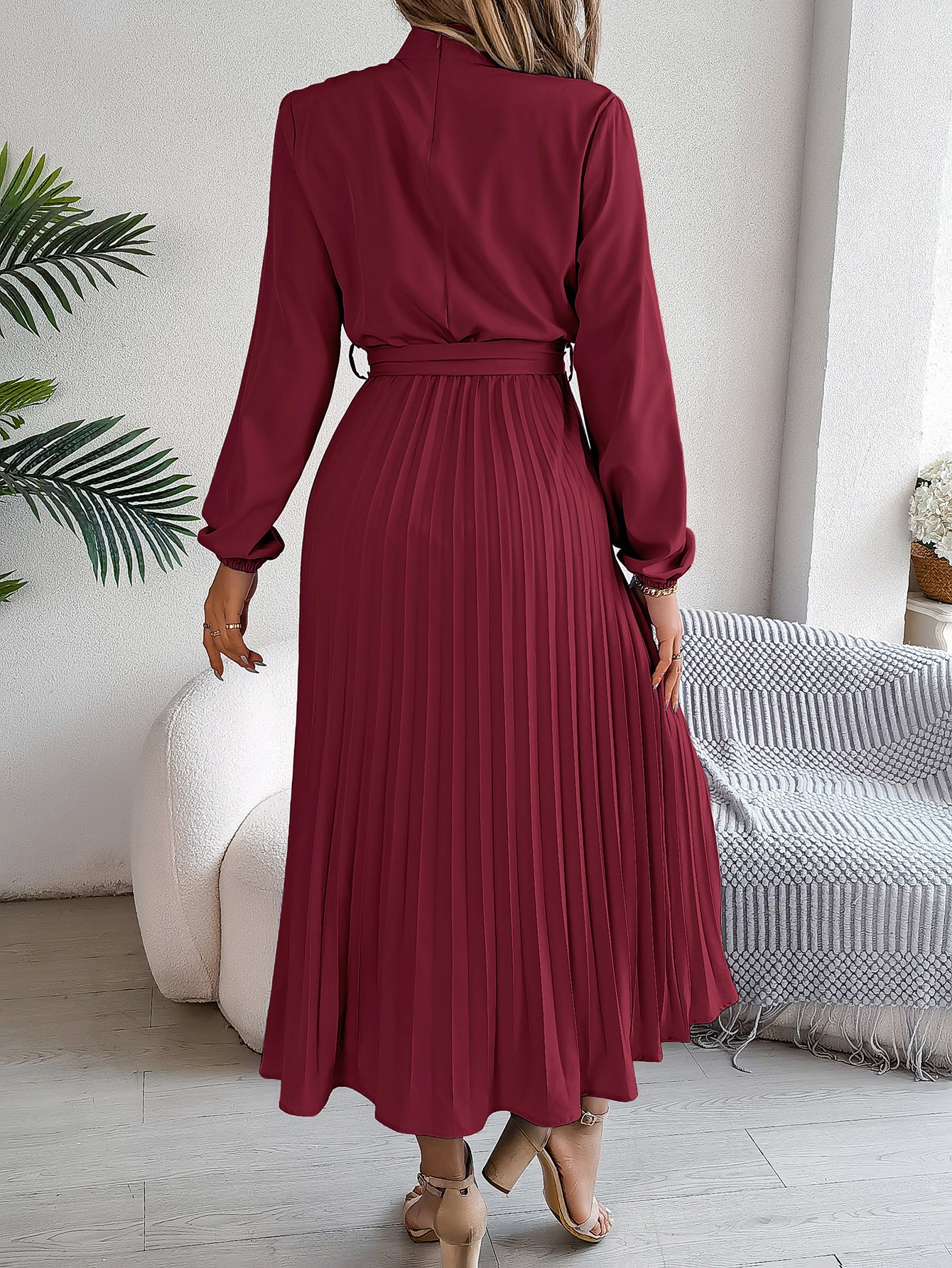 Women's Elegant Stand Collar Long Sleeve Tie Waist Pleated Maxi Evening Dress