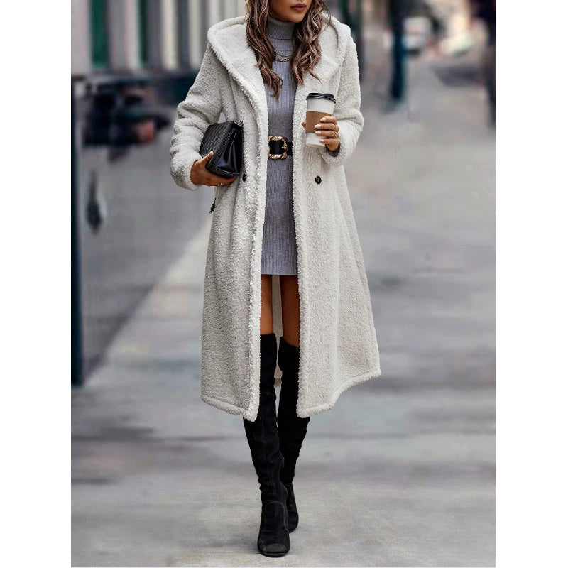 Fashionable Long Solid-color Long-sleeve Plush Hooded Jacket For Women Coat