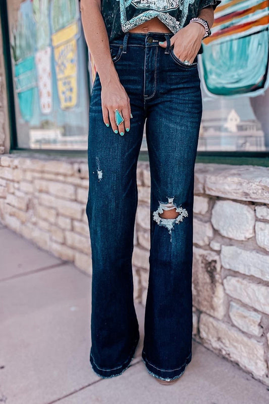 Jeans con fondo a campana strappati a vita alta in vero verde acqua