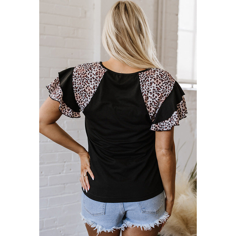 Fashion Leopard Splicing Layered Short-sleeved Summer New Retro Trendy Pullover For Women